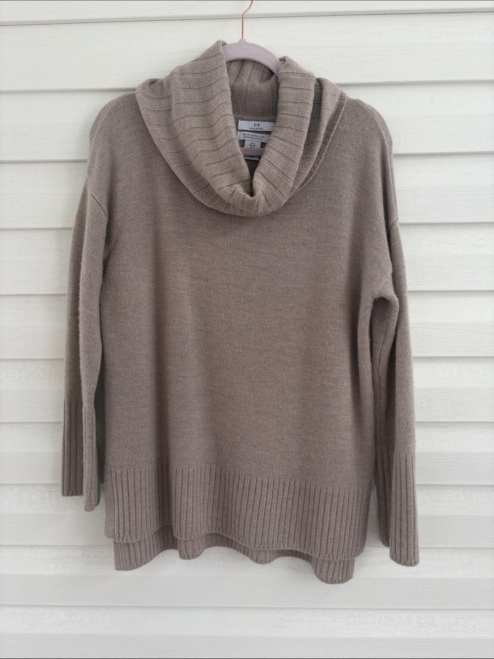Halston 100% Extra Fine Merino Wool Cowl Neck Sweater S Taupe